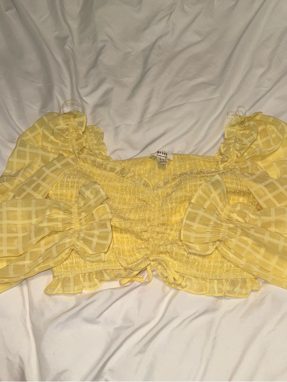 privy Yellow Smocked Puff-Sleeve Bow Crop Top
